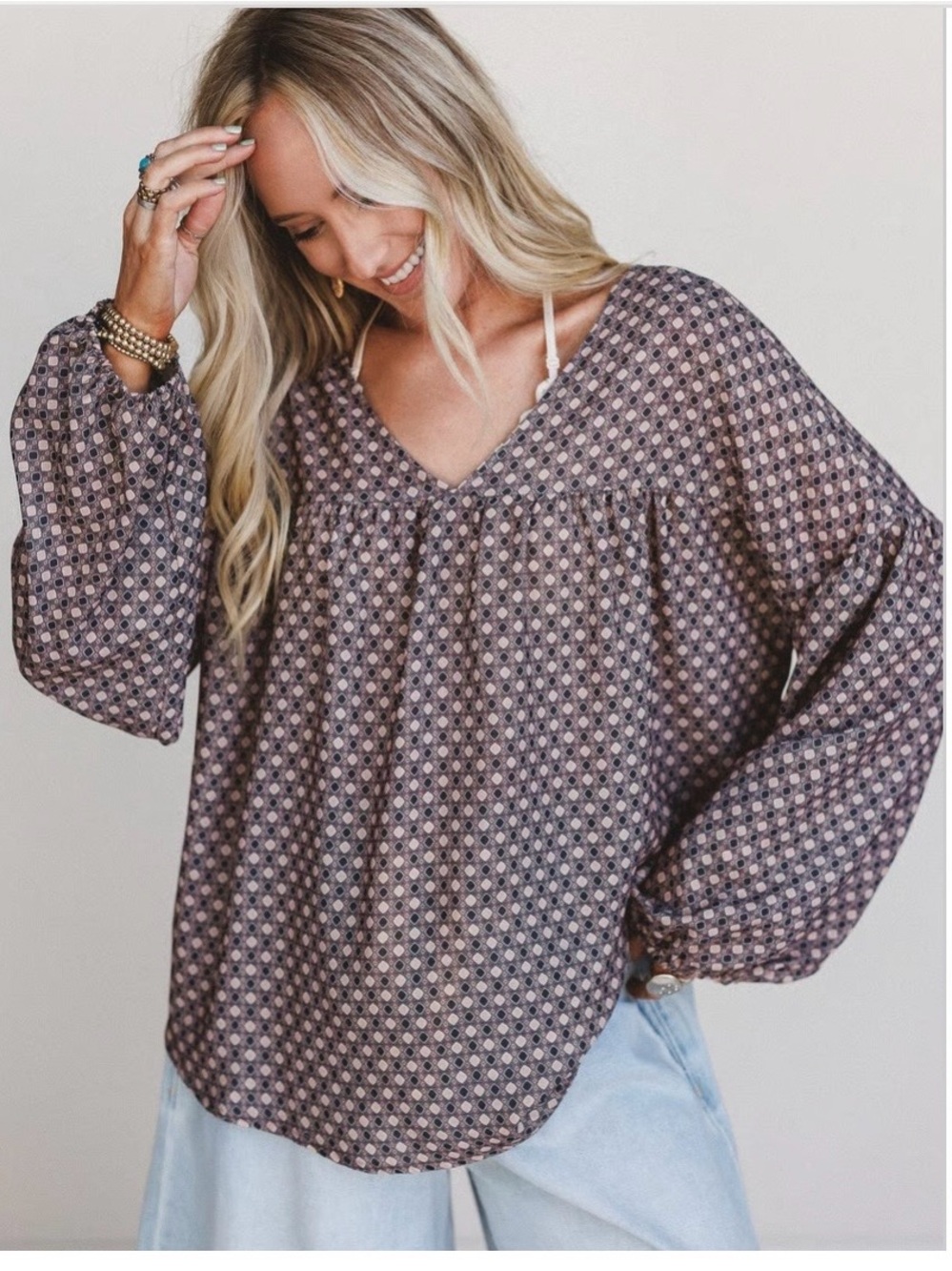 Three Bird Nest Mauve Micro Floral V-Neck Peasant Top